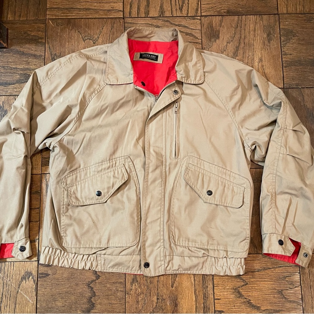 Saddlery Wind Breaker Jacket. Large. Beige Khaki Fully lined in red.